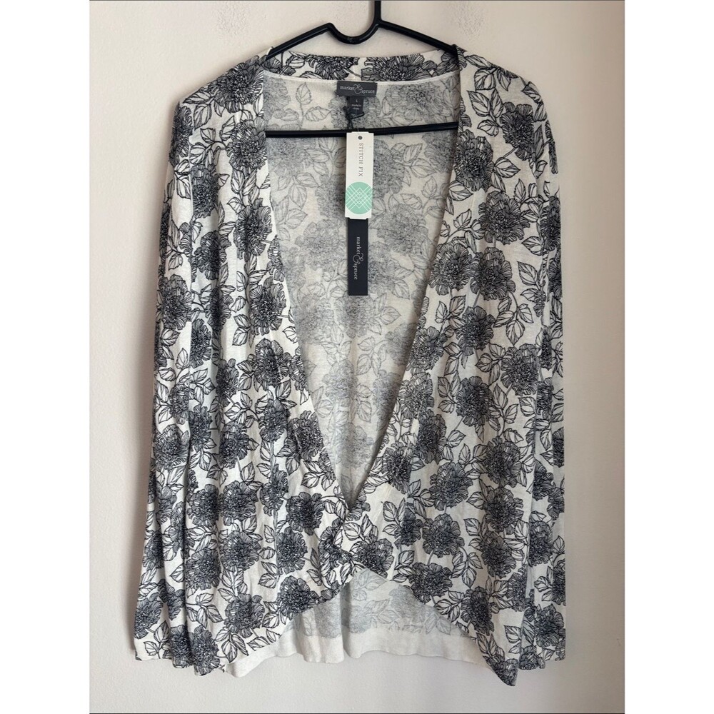 White & Black linen blend floral Open-Front Women's cardigan Sweater large NWT